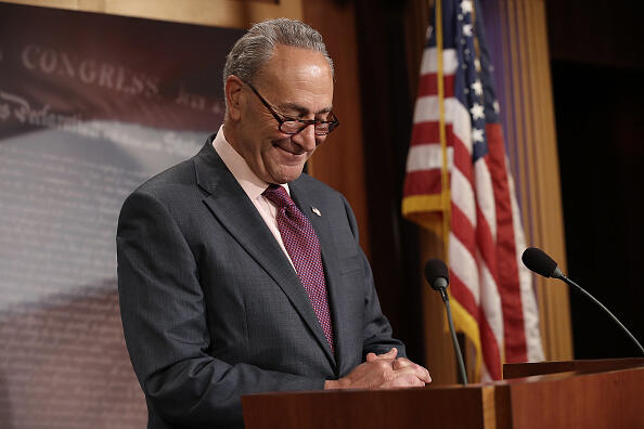 WASHINGTON, DC - JULY 28: Senate Minority Leader Chuck Schumer (D-NY) answers questions during a press conference at the U.S. Capitol on the result of today's early morning Senate vote on health care July 28, 2017, in Washington, DC. During his remarks, Schumer said, 'On health care, but also in the Senate as a whole, I hope what John McCain did will be regarded in history as a turning point.' (Photo by Win McNamee/Getty Images)