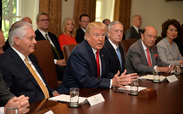 WASHINGTON, D.C. - JULY 31: President Donald Trump makes remarks during a meeting of his cabinet, including (L-R) Secretary of State Rex Tillerson, Defense Secretary James Mattis, Commerce Secretary Wilbur Ross and Transportation Secretary Elaine Chao at the White House on July 31, 2017, in Washington, DC. Earlier John F. Kelly, a retired Marine Corps general and former secretary of the Department of Homeland Security, was sworn in as the new White House Chief of Staff. (Photo by Mike Theiler-Pool/Getty Images)