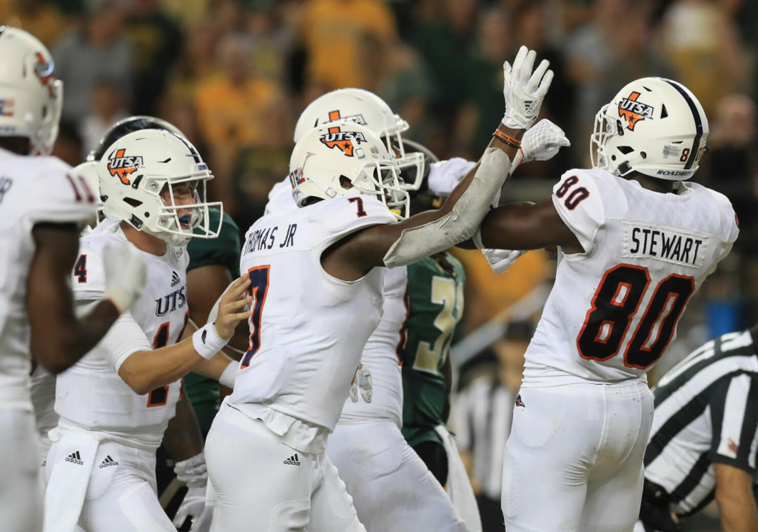 Josh Stewart #80 of the UTSA Roadrunners celebrates a touchdown 