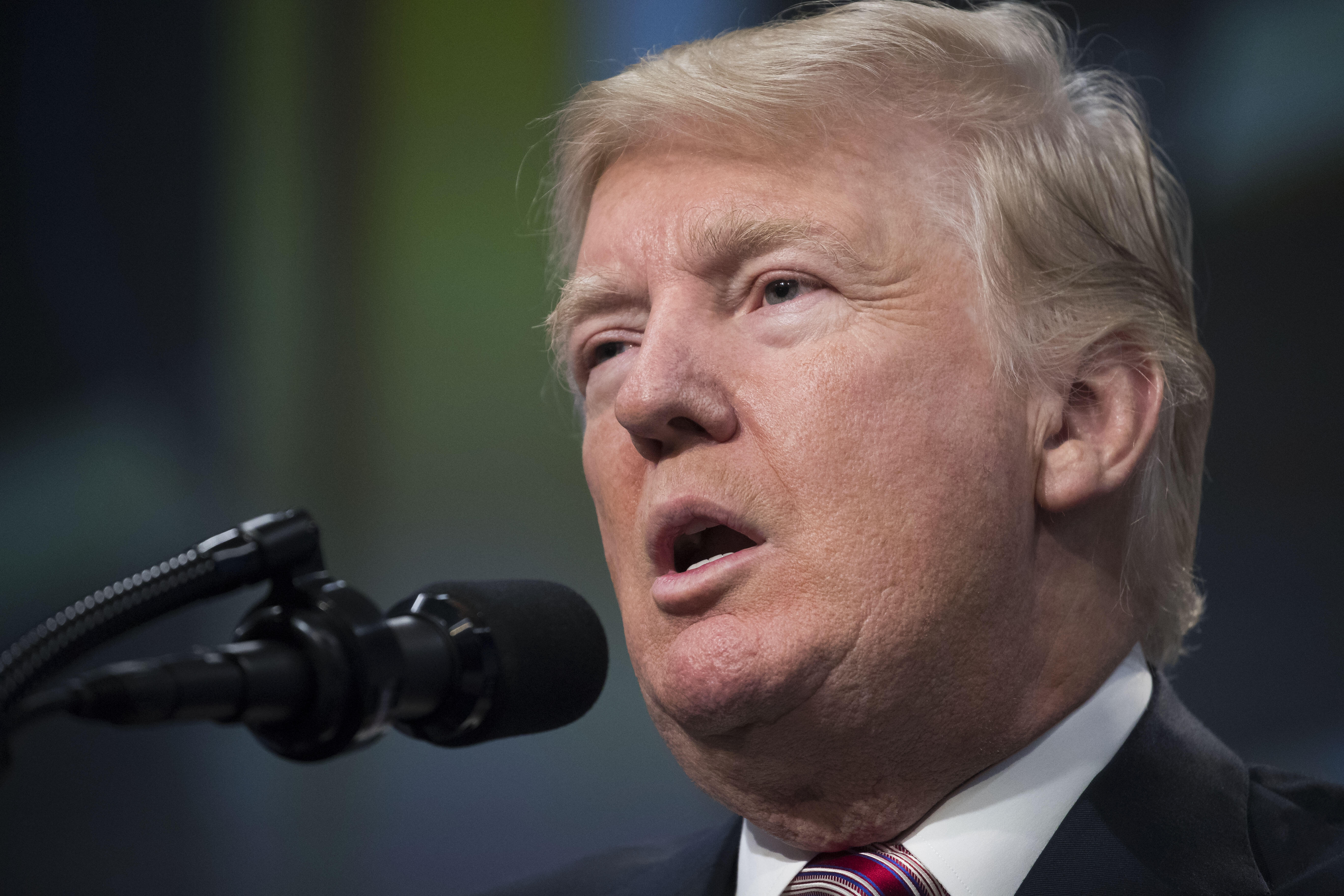 WASHINGTON, DC - SEPTEMBER 29: (AFP OUT) U.S. President Donald Trump delivers remarks on tax reform to the National Association of Manufacturers at the Mandarin Oriental Hotel September 29, 2017, in Washington, DC. Prior to his remarks on tax reform, President Trump also spoke at length on the situation in Puerto Rico. (Photo by Shawn Thew-Pool/Getty Images)