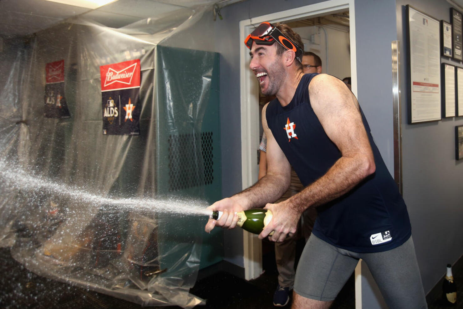 Justin Verlander #35 of the Houston Astros celebrates with teammates