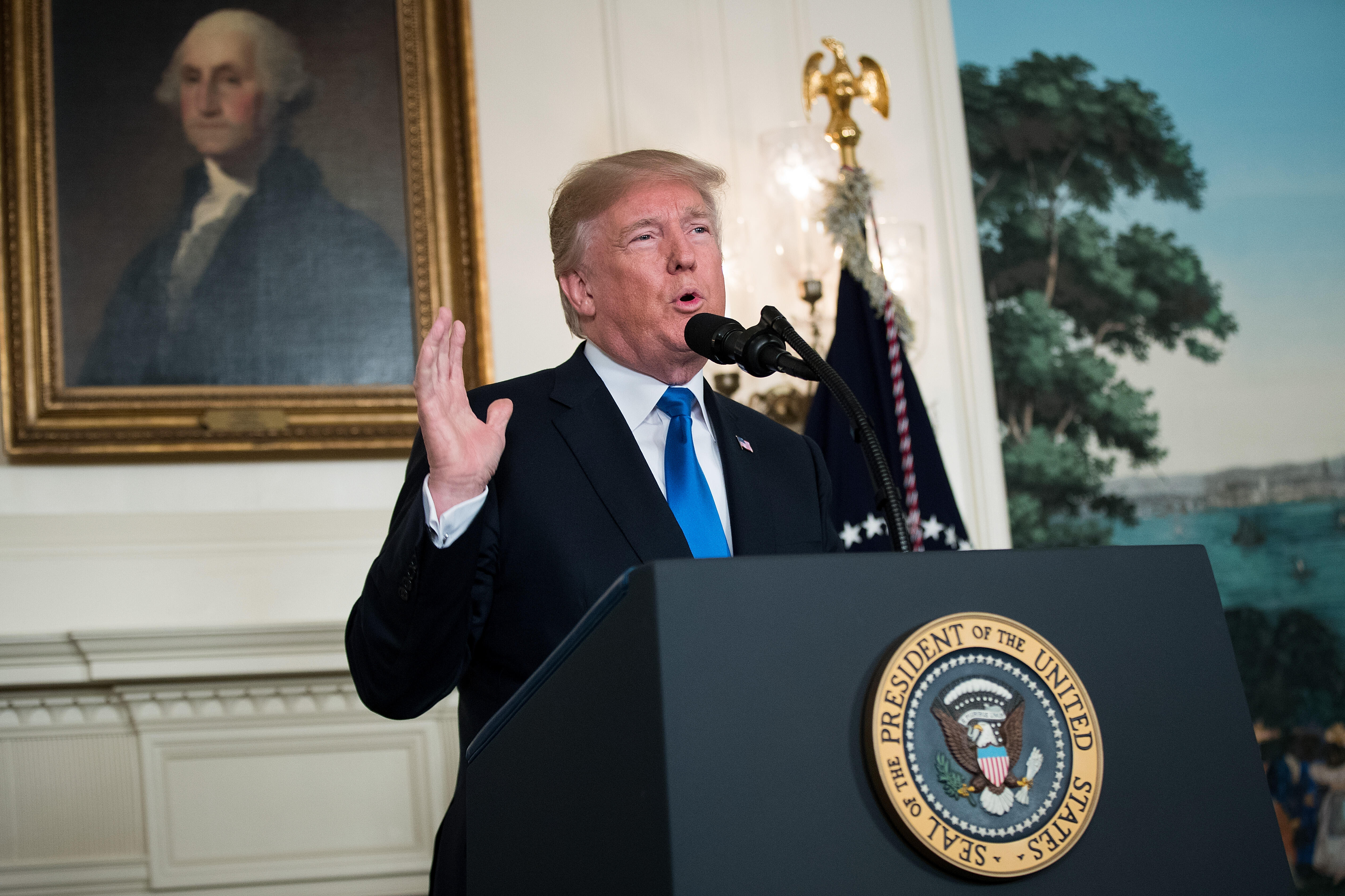 WASHINGTON, DC - OCTOBER 13: U.S. President Donald Trump makes a statement on the administration's strategy for dealing with Iran, in the Diplomatic Reception Room in the White House, October 13, 2017, in Washington, DC. President Trump stated that the Iran nuclear deal is not in the best interests of the security of the United States, but stopped short of withdrawing from the 2015 agreement. (Photo by Drew Angerer/Getty Images)