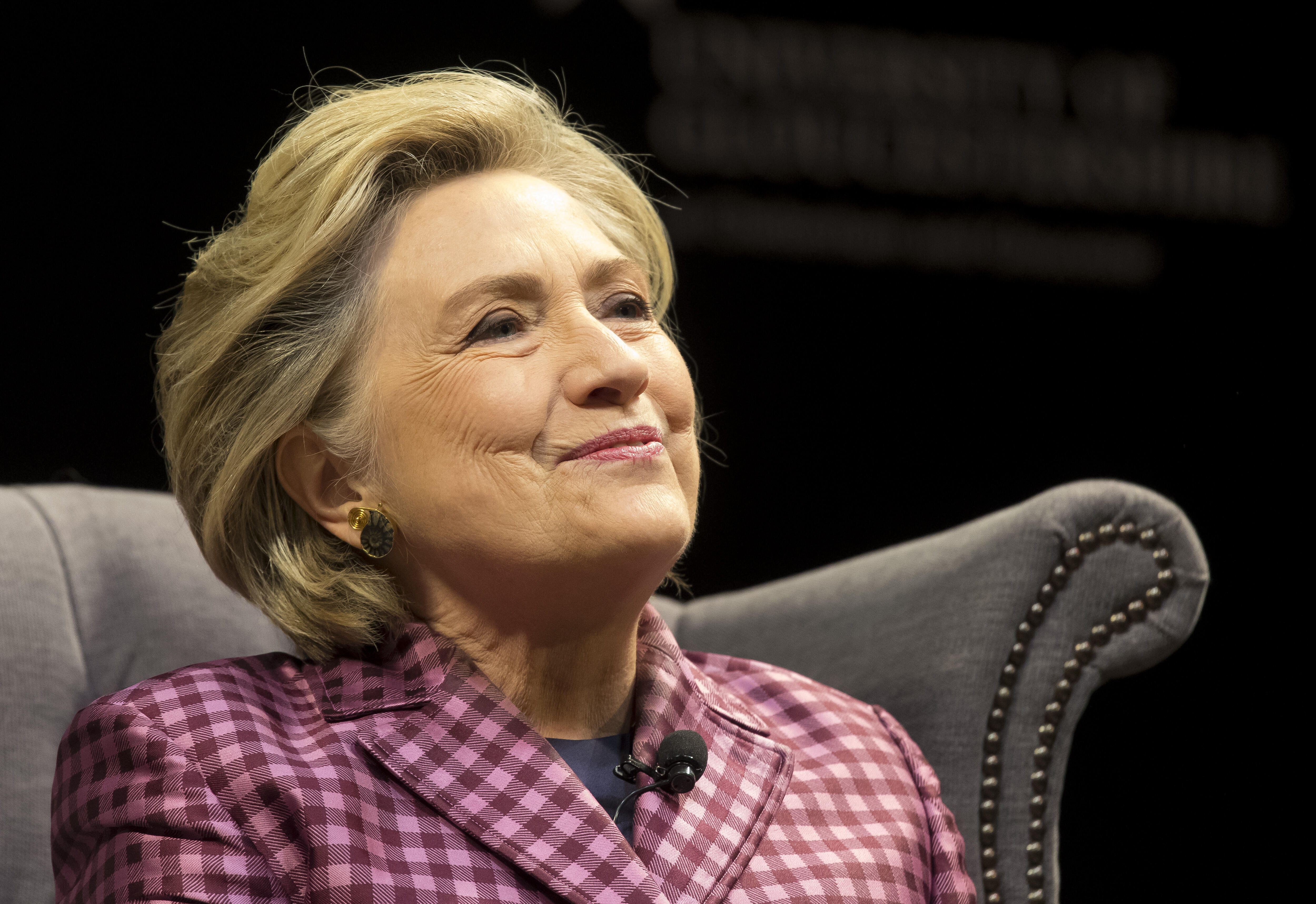 CHELTENHAM, ENGLAND - OCTOBER 15: Hillary Clinton is interviewed by Mariella Frostrup (not pictured) at the Cheltenham Literature Festival on October 15, 2017, in Cheltenham, England. The former US secretary of state and 2016 American presidential candidate yesterday received an honorary doctorate from Swansea University. She is also visiting the UK to promote her new book 'What Happened'. (Photo by Matthew Horwood/Getty Images)