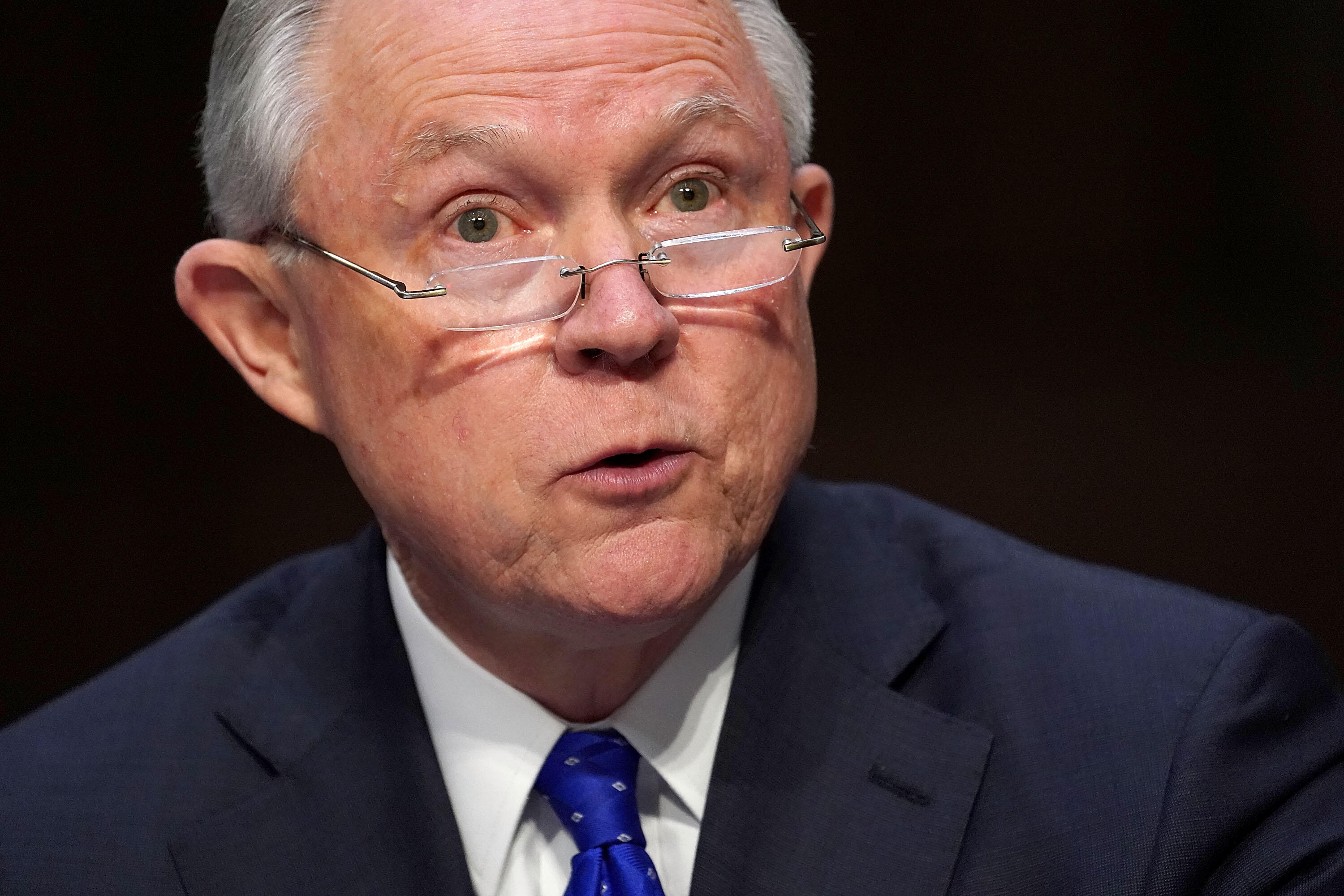 WASHINGTON, DC - OCTOBER 18: U.S. Attorney General Jeff Sessions testifies before the Senate Judiciary Committee in the Hart Senate Office Building on Capitol Hill October 18, 2017, in Washington, DC. Committee members questioned Sessions about conversations he had with President Donald Trump about the firing of former FBI Director James Comey, the Deferred Action for Childhood Arrivals (DACA) policy, the ongoing investigation about Russian interference in the 2016 presidential election by Robert Muller and other subjects. (Photo by Chip Somodevilla/Getty Images)