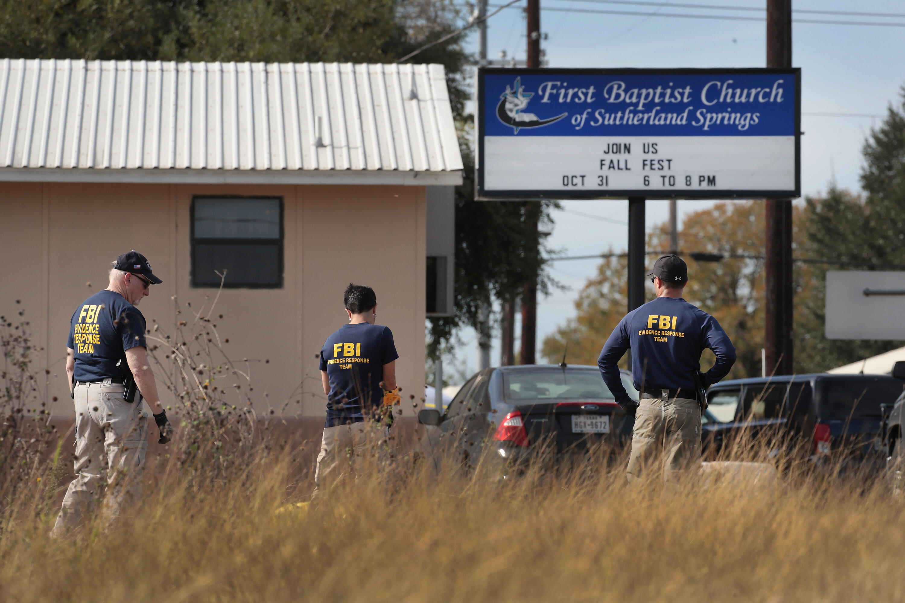 SUTHERLAND SPRINGS, TX - NOVEMBER 06: Law enforcement officials continue their investigation at the First Baptist Church of Sutherland Springs on November 6, 2017, in Sutherland Springs, Texas. Yesterday a gunman, Devin Patrick Kelley, killed 26 people at the church and wounded 20 others when he opened fire during a Sunday service. (Photo by Scott Olson/Getty Images)