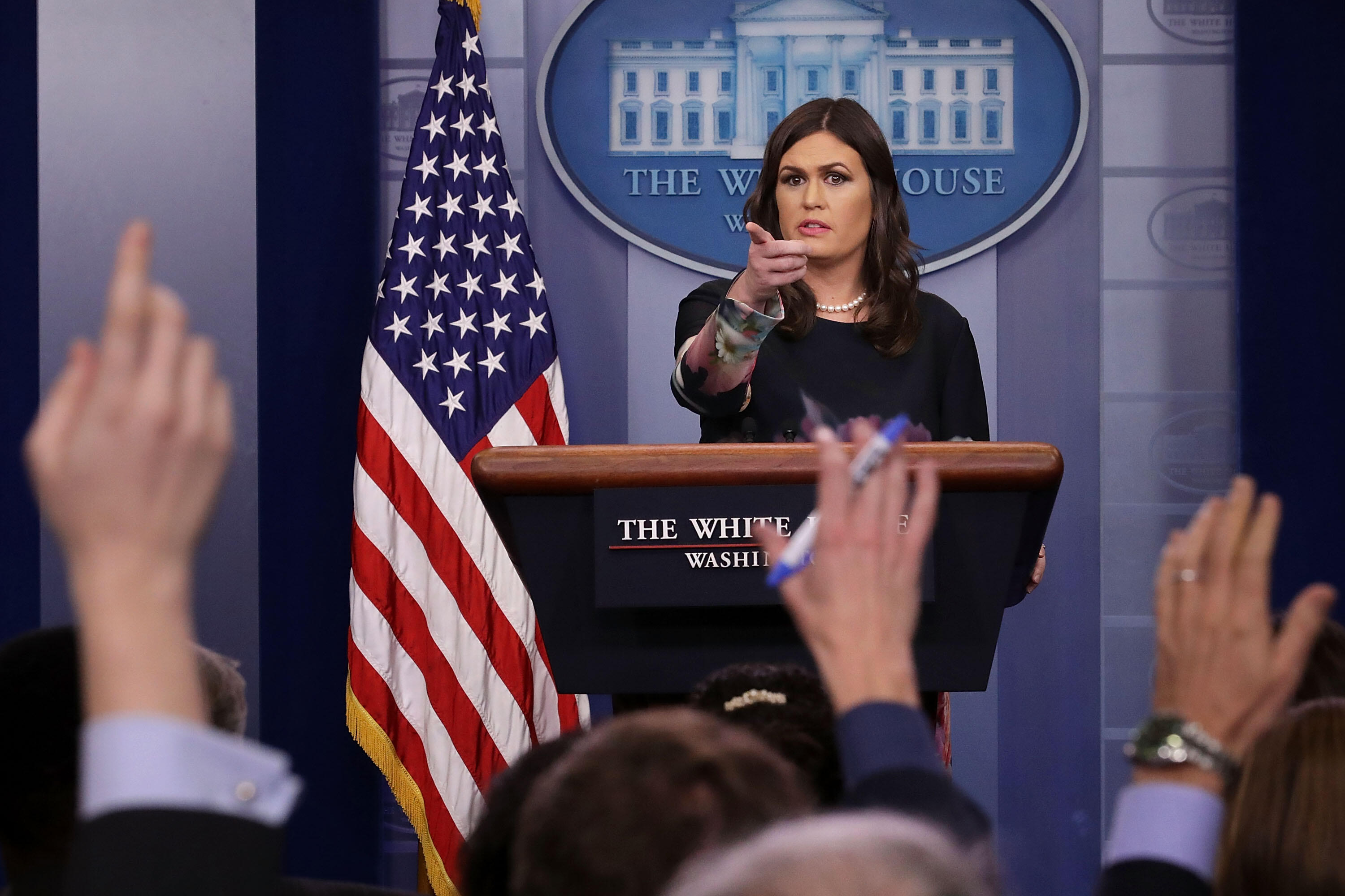 WASHINGTON, DC - NOVEMBER 17: White House Press Secretary Sarah Huckabee Sanders takes reporters' questions during a news conference in the Brady Press Briefing Room at the White House November 17, 2017, in Washington, DC. Huckabee fielded questions about sexual harassment allegations against Judge Roy Moore, Sen. Al Franken, and President Donald Trump. (Photo by Chip Somodevilla/Getty Images)