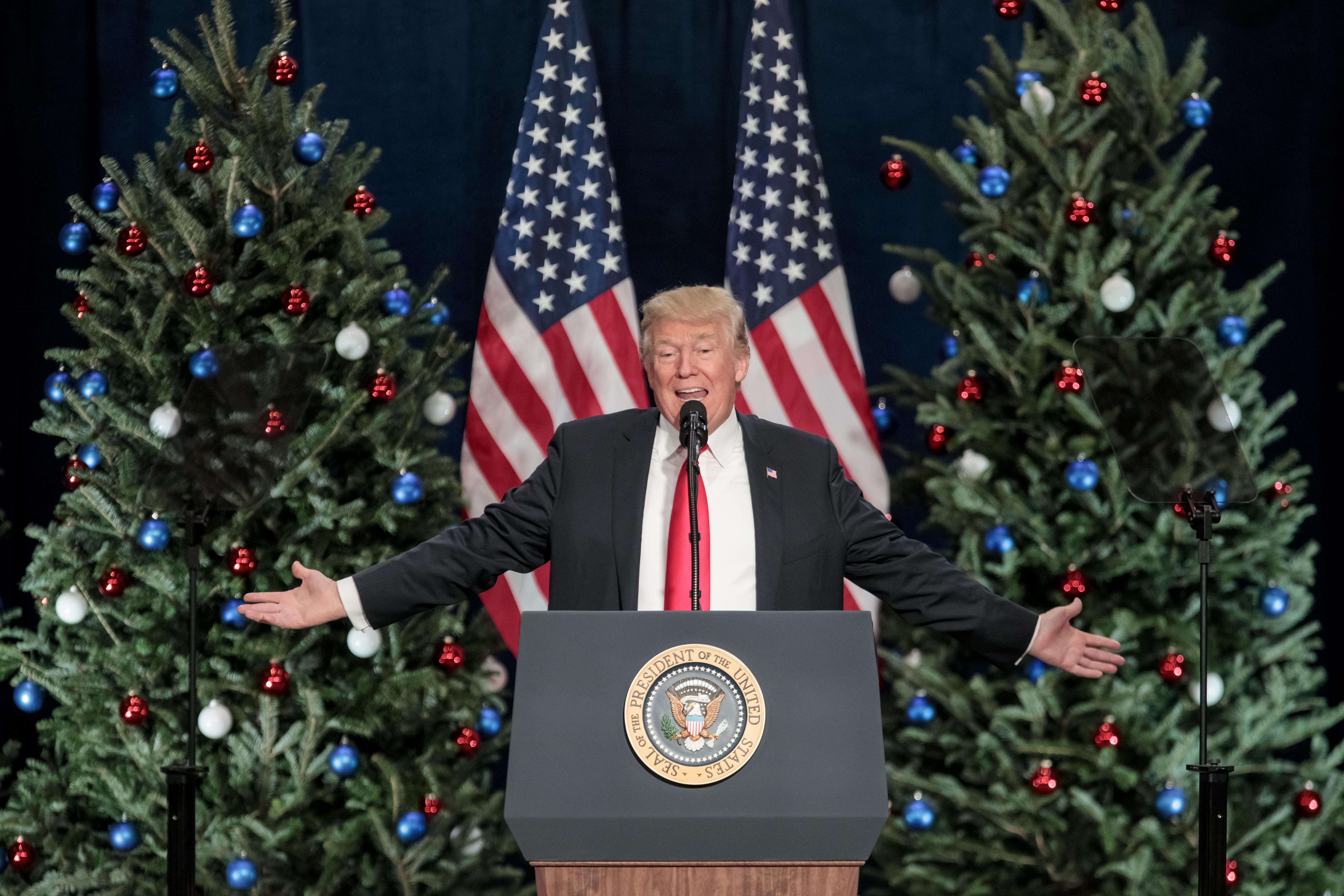 ST CHARLES, MO - NOVEMBER 29: U.S. President Donald Trump speaks about tax reform at the St. Charles Convention Center on November 29, 2017, in St. Charles, Missouri. (Photo by Whitney Curtis/Getty Images)