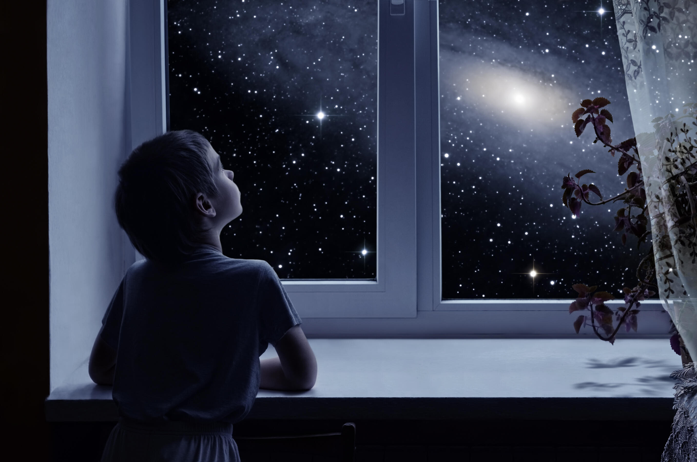 Looking at the moon. Окно ночью. Мальчик у окна. Звезды на окна. Звездное небо в окне.