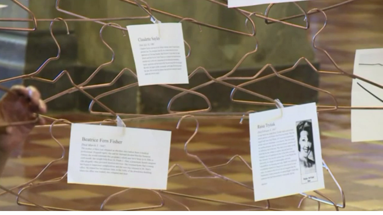 Coat hanger display by pro-choice protesters at Iowa State Capitol. Photo by WHO TV