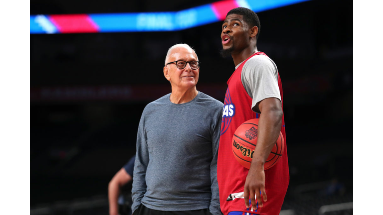 Larry Brown speaks to Malik Newman #14 of the Kansas Jayhawks