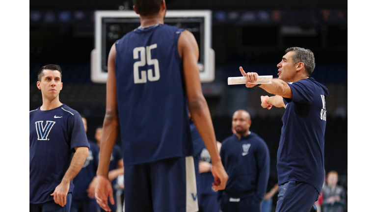 Head coach Jay Wright of the Villanova Wildcats speaks to his team during practic