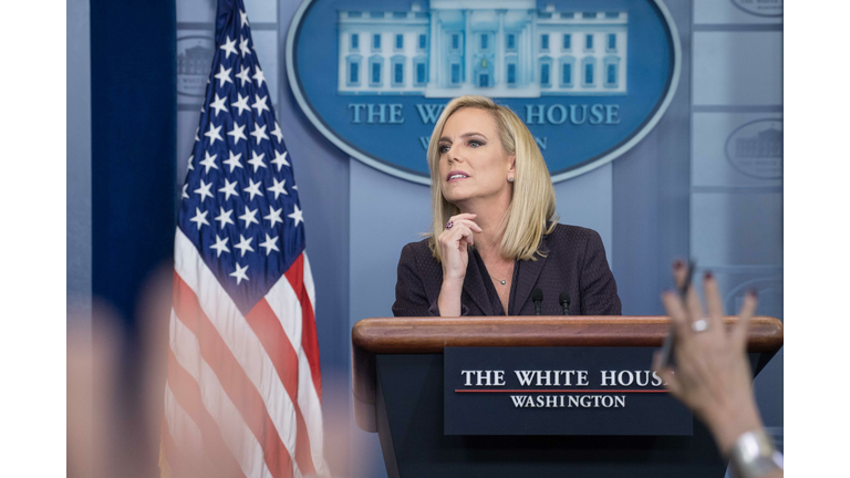 Homeland Security Secretary Kirstjen Nielsen briefs the press on the proposal to deploy the National Guard to the border