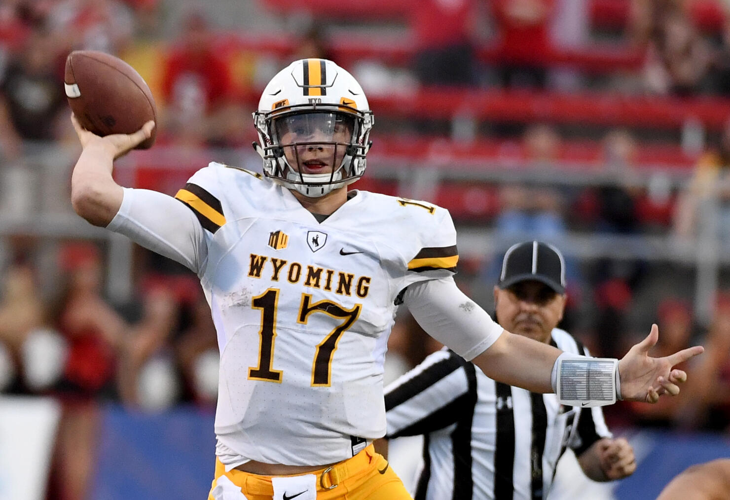 LAS VEGAS, NV - NOVEMBER 12: Quarterback Josh Allen #17 of the Wyoming Cowboys throws against the UNLV Rebels during their game at Sam Boyd Stadium on November 12, 2016 in Las Vegas, Nevada. UNLV won 69-66 in triple overtime. (Photo by Ethan Miller/Getty Images)