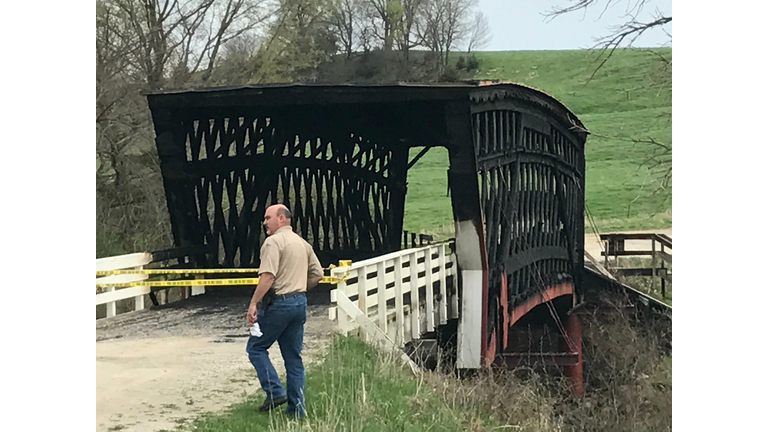 Historic Cedar Bridge in Madison County destroyed by arson.  Photo WHO TV