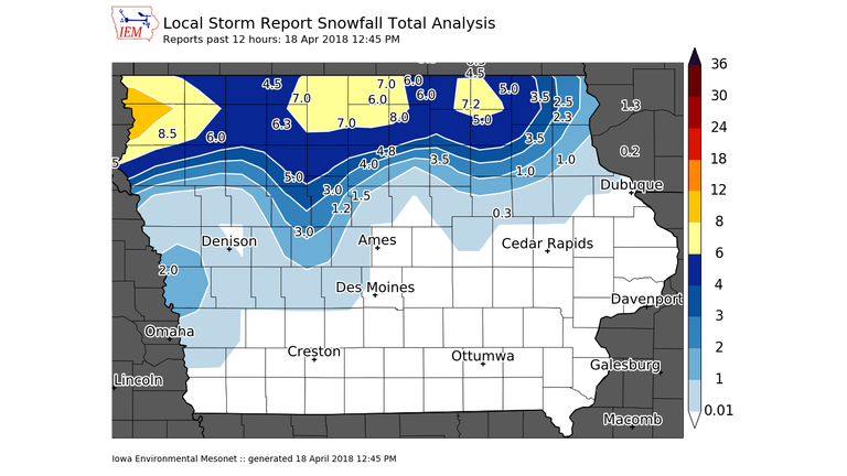 Iowa State University Mesonet Snowfall totals 12:50 p.m. CLICK MAP TO FOR CURRENT