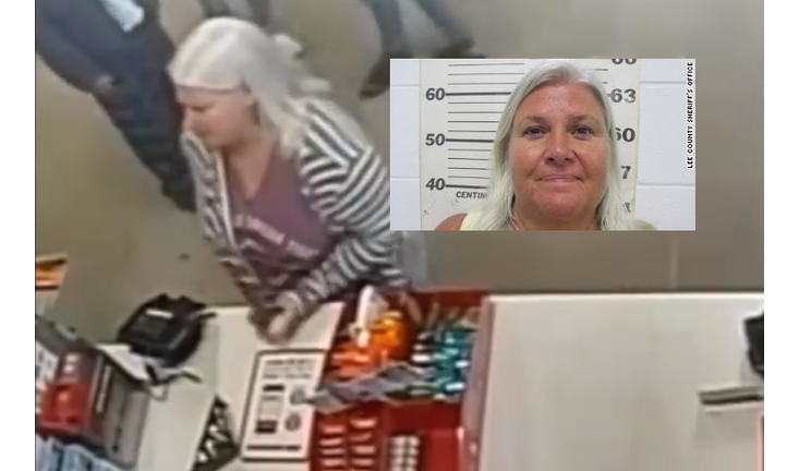 Lois Reiss in a screenshot from surveillance video at Iowa gas station March 23, 2018. Inset mug shot Lee County, Florida Sheriff's Department