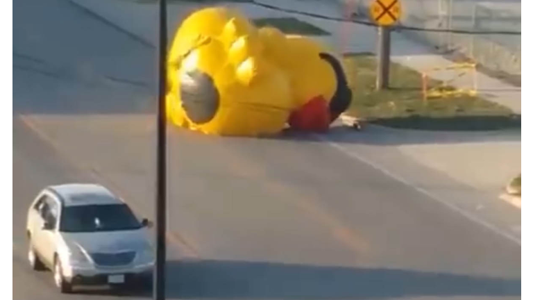 Inflatable duck bounces and rolls on Sixth Street in Des Moines. 