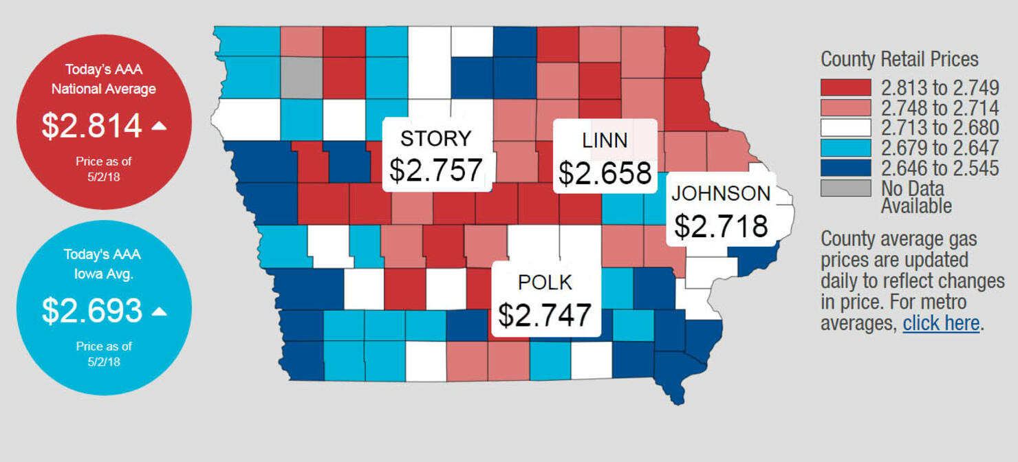 AAA Iowa gas price map - CLICK HERE for interactive map