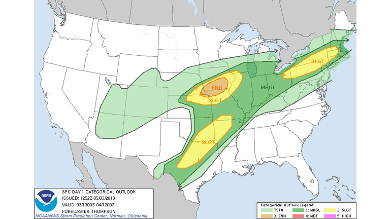 National Weather Service Severe Storms Prediction Center map for Thursday May 3, 2018