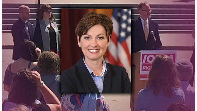 Background: Friday Planned Parenthood rally, Photo ACLU Iowa.  Inset: Iowa Governor Kim Reynolds official photo