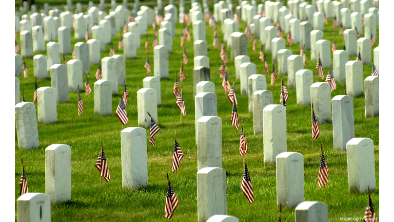 American flags adorn each grave in Arlington National Cemetary in honor of Memorial Day May 27, 2002 in Arlington, VA. Thousands of tourists, veterans, armed services personnel, and relatives visited the cemetery in recognition of Memorial Day. (Photo by Stefan Zaklin/ Getty Images)