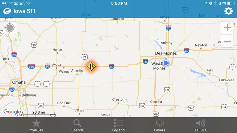 511 IA Department of Transportation map screenshot shows location of interstate closure Saturday