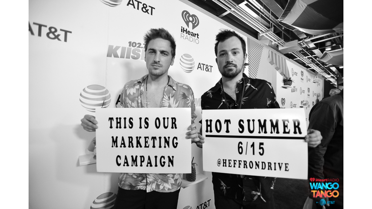 Kendall Schmidt and Dustin Belt of the band Heffron Drive arrive at the 2018 iHeartRadio Wango Tango by AT&T at Banc of California Stadium on June 2, 2018 in Los Angeles, California