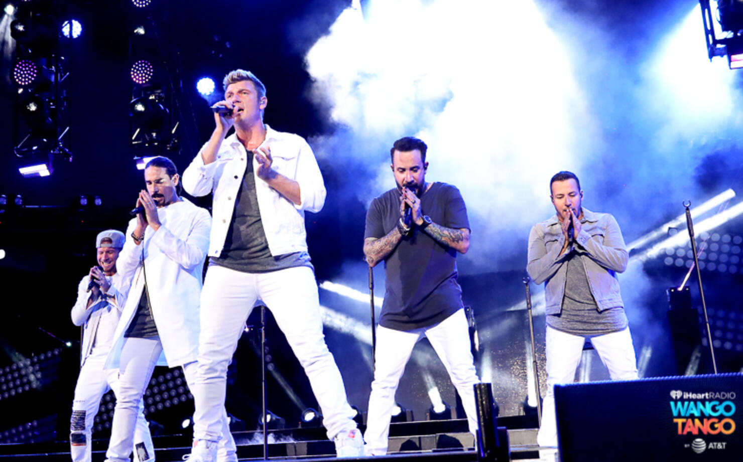 Nick Carter, Howie Dorough, AJ McLean, and Brian Littrell of music group Backstreet Boys perform onstage during the 2018 iHeartRadio Wango Tango by AT&T at Banc of California Stadium on June 2, 2018 in Los Angeles, California.