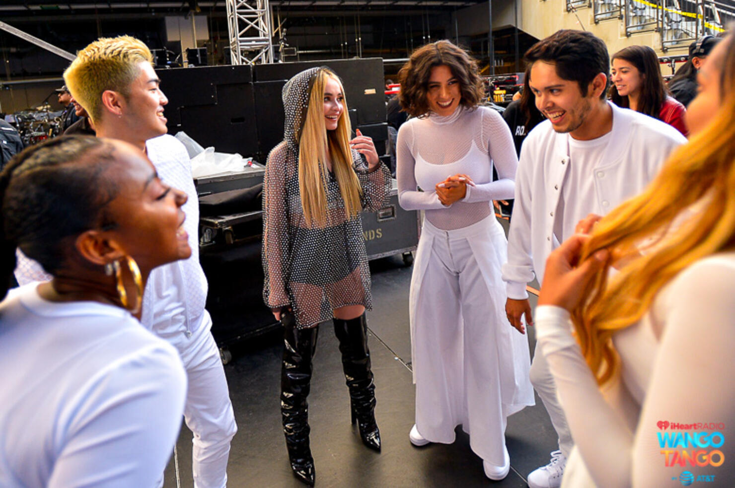Sabrina Carpenter (C) and dancers are seen backstage at the 2018 iHeartRadio Wango Tango by AT&T at Banc of California Stadium on June 2, 2018 in Los Angeles, California