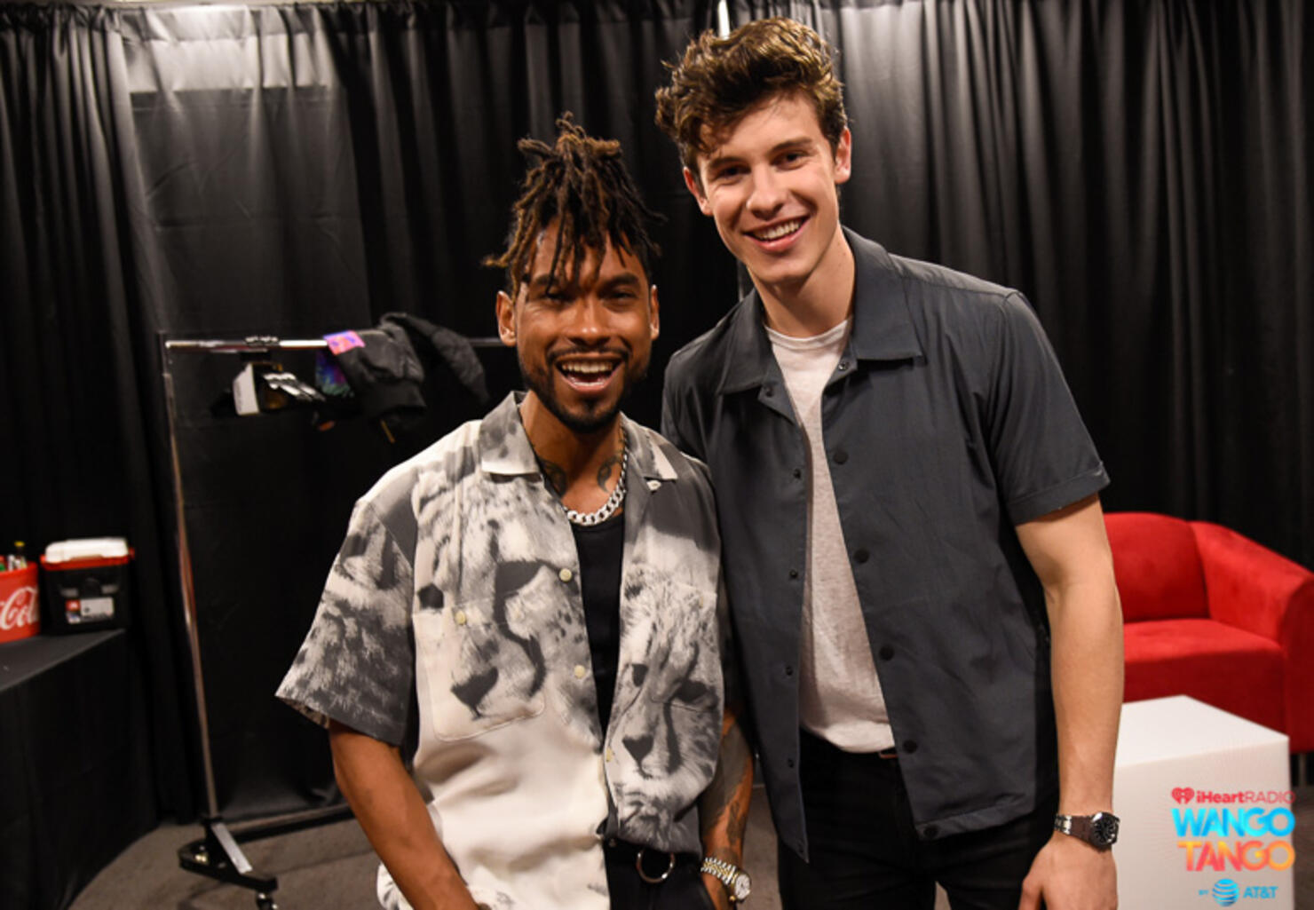 Miguel and Shawn Mendes backstage at the 2018 iHeartRadio Wango Tango by AT&T at Banc of California Stadium on June 2, 2018 in Los Angeles, California