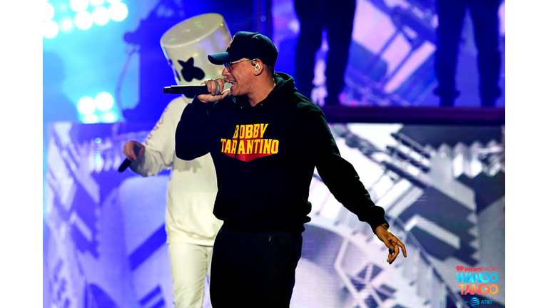 Marshmello (L) and Logic perform onstage during the 2018 iHeartRadio Wango Tango by AT&T at Banc of California Stadium on June 2, 2018 in Los Angeles, California.