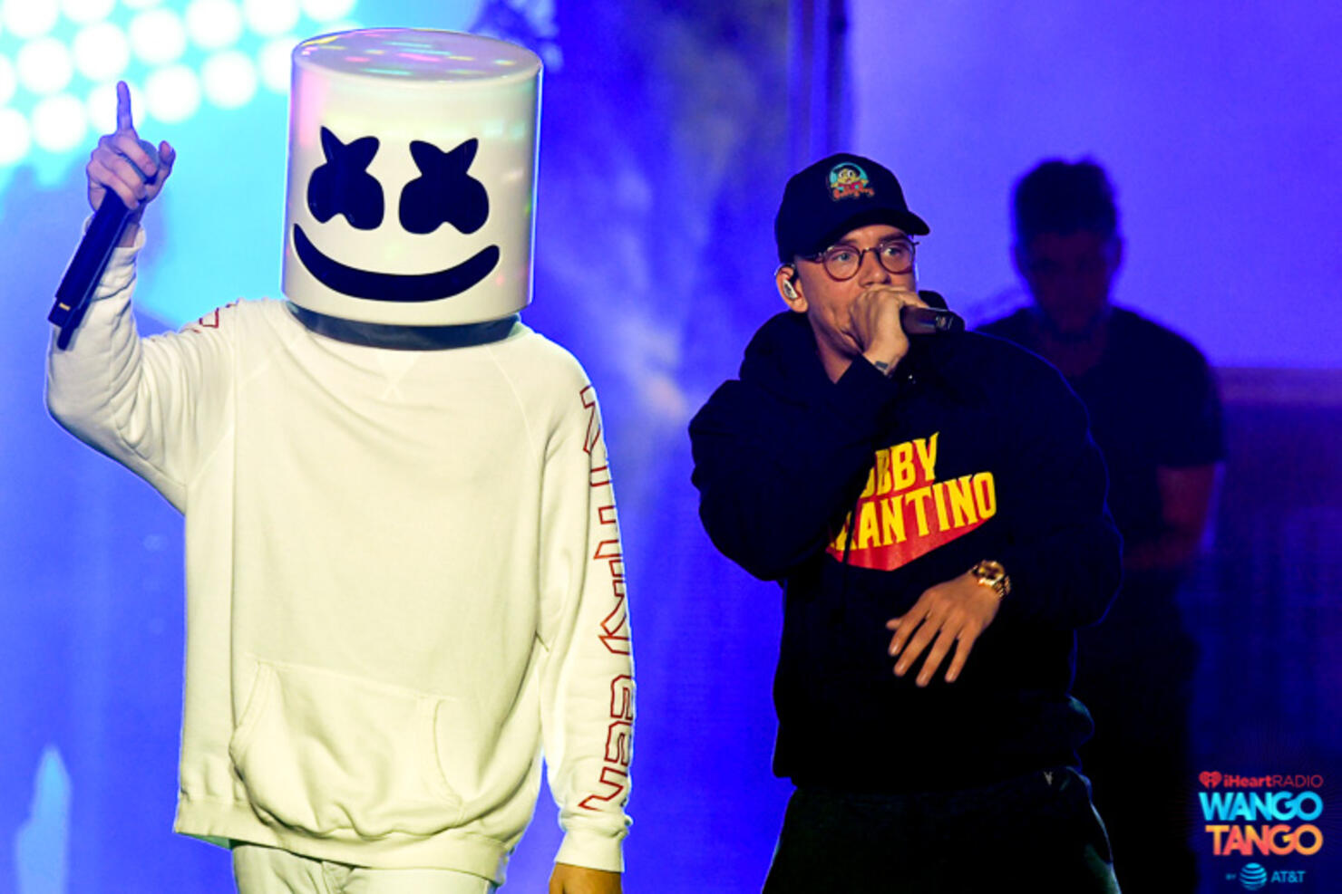 Marshmello (L) and Logic perform onstage during the 2018 iHeartRadio Wango Tango by AT&T at Banc of California Stadium on June 2, 2018 in Los Angeles, California.