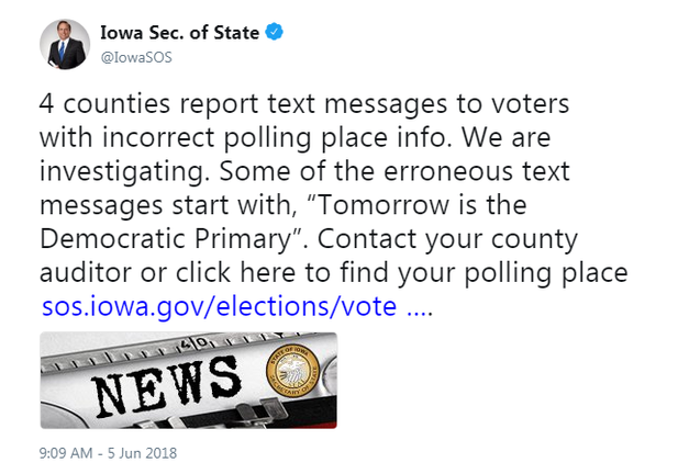 Warning Tweet from Iowa Secretary of State Paul Pate 