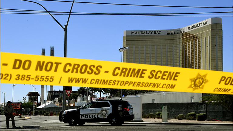 Crime scene tape surrounds the Mandalay Hotel