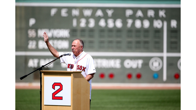 BOSTON, MA - AUGUST 20: Longtime NESN broadcaster and former Boston Red Sox second baseball Jerry Remy talks during a ceremony honoring his thirty years in the broadcast booth before a game against the New York Yankees at Fenway Park on August 20, 2017 in Boston, Massachusetts. (Photo by Adam Glanzman/Getty Images)