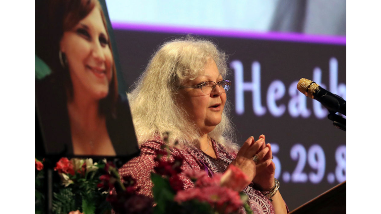 CHARLOTTESVILLE, VA - AUGUST 16: Susan Bro, mother to Heather Heyer, speaks during a memorial for her daughter at the Paramount Theater on August 16, 2017 in Charlottesville, Va. Heyer was killed Saturday, when a car rammed into a crowd of people protesting a white nationalist rally. (Photo by Andrew Shurtleff-Pool/Getty Images)