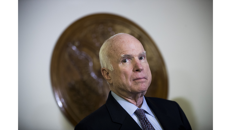 Sens. McCain And Reps. Thornberry And Smith Discuss The National Defense Authorization Act WASHINGTON, DC - OCTOBER 25: Sen. John McCain (R-AZ) looks on during a brief press conference before an Armed Services conference committee meeting on the National Defense Authorization Act on Capitol Hill, October 25, 2017 in Washington, DC. (Photo by Drew Angerer/Getty Images)