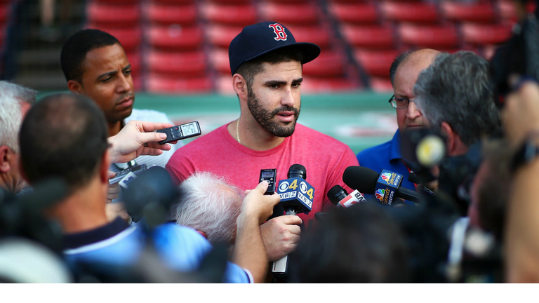 J.D. Martinez #28 of the Boston Red Sox addresses the media before a game against the Miami Marlins at Fenway Park on August 28, 2018 in Boston, Massachusetts. (Photo by Adam Glanzman/Getty Images)