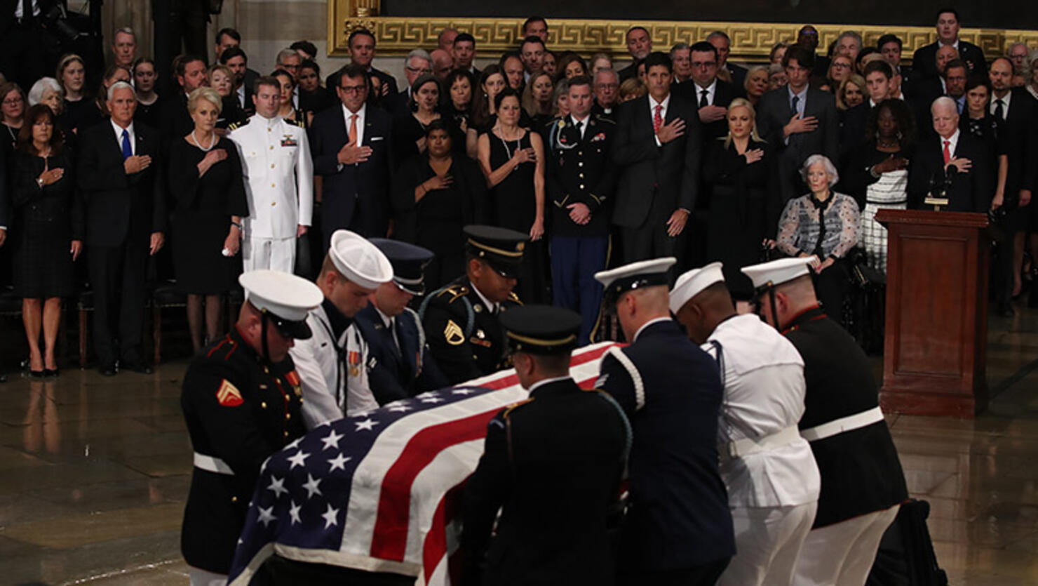 The flag-draped casket of US Senator John McCain arrives inside the Rotunda of the U.S. Capitol, August 31, 2018 in Washington, DC. 