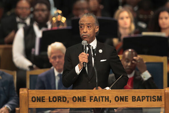 Rev. Al Sharpton speaks at the funeral for Aretha Franklin at the Greater Grace Temple