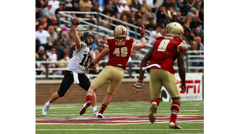 CHESTNUT HILL, MA - SEPTEMBER 09: Quarterback John Wolford #10 of the Wake Forest Demon Deacons passes the ball during the second quarter of the game against the Boston College Eagles at Alumni Stadium on September 9, 2017 in Chestnut Hill, Massachusetts. (Photo by Omar Rawlings/Getty Images)