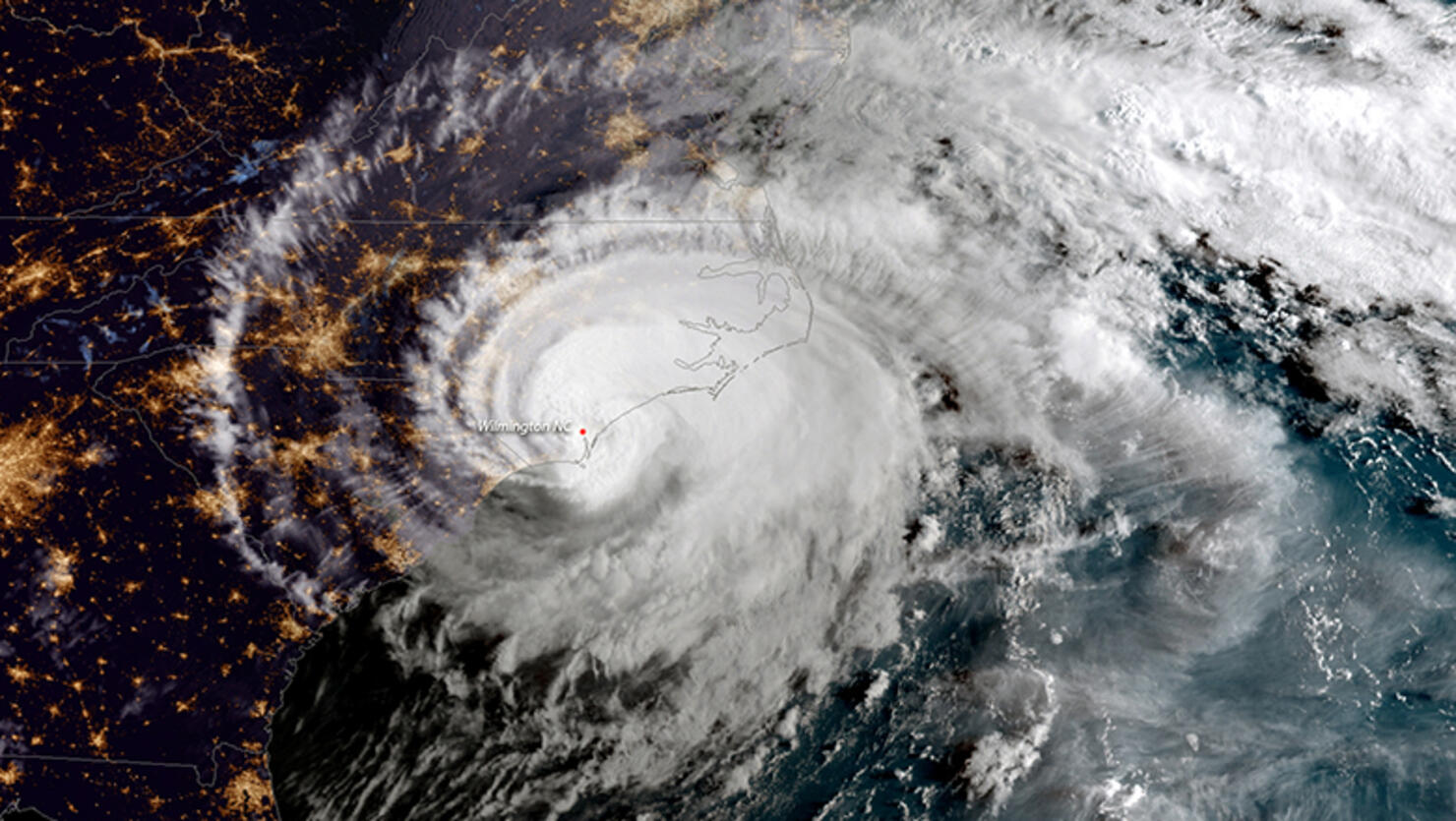 In this NOAA satellite handout image , shows Hurricane Florence as it made landfall near Wrightsville Beach, North Carolina on September 14, 2018. The National Hurricane Center reported Florence had sustained winds of 90 mph at landfall and was moving slowly westward at 6 mph.