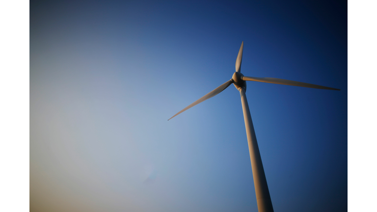 A picture taken on February 22, 2018 shows a wind turbine in Nibas, northern France. (Credit: CHARLY TRIBALLEAU/AFP/Getty Images)