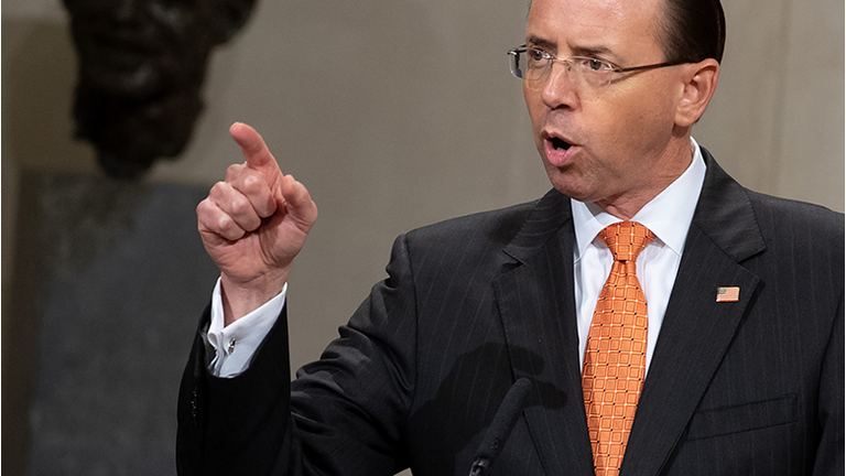 US Deputy Attorney General Rod Rosenstein speaks during the Second Annual Attorney General's Award for Distinguished Service in Policing at the Department of Justice in Washington, DC