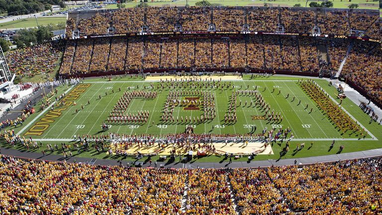 Marching band spells out CBA, Celia Barquist Arozamena's initials at half time. ISU photo