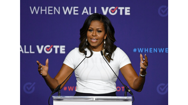  Former first lady Michelle Obama speaks during a rally for When We All Vote's National Week of Action. Getty Images.