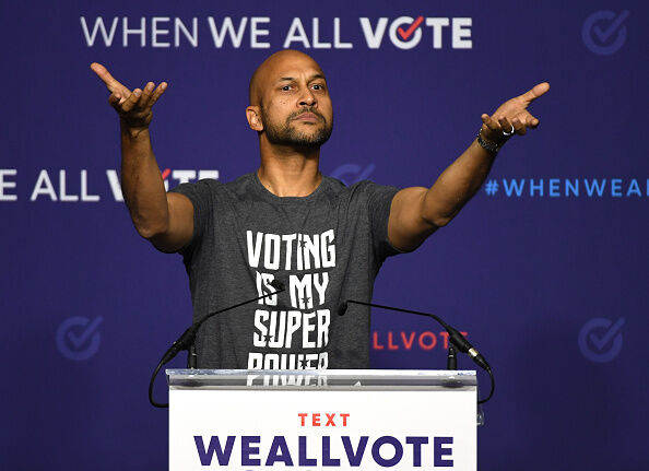 Actor Keegan-Michael Key speaks during a rally for When We All Vote's National Week of Action featuring former first lady Michelle Obama.