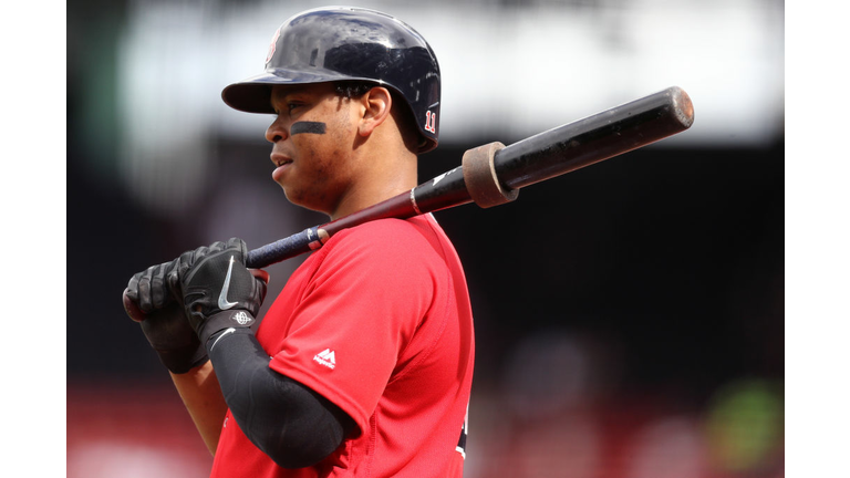 BOSTON, MA - SEPTEMBER 26: Rafael Devers #11 of the Boston Red Sox looks on from the on deck circle during the first inning against the Baltimore Orioles at Fenway Park on September 26, 2018 in Boston, Massachusetts. (Photo by Maddie Meyer/Getty Images)