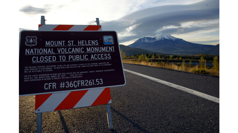 MOUNT ST. HELENS, WA - OCTOBER 12: A sign alerts visitors to a road closure on SR504 leading up to Mount St. Helens on October 12, 2004 at Mount St. Helens National Monument, Washington. Seismic activity slowed last week prompting a downgrade from level three, indicating an eruption or imminent danger of one, to level two warning that an eruption is likely though not imminent. (Photo by Craig Mitchelldyer/Getty Images)