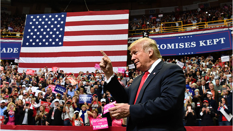 US President Donald Trump arrives for a 'Make America Great Again' campaign rally